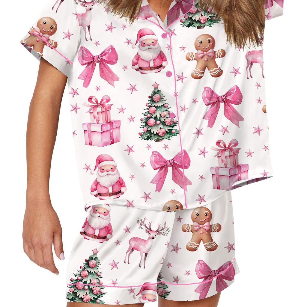Satin Pajama Set Button Down Top Shorts Sleepwear Lounge Chic Comfort